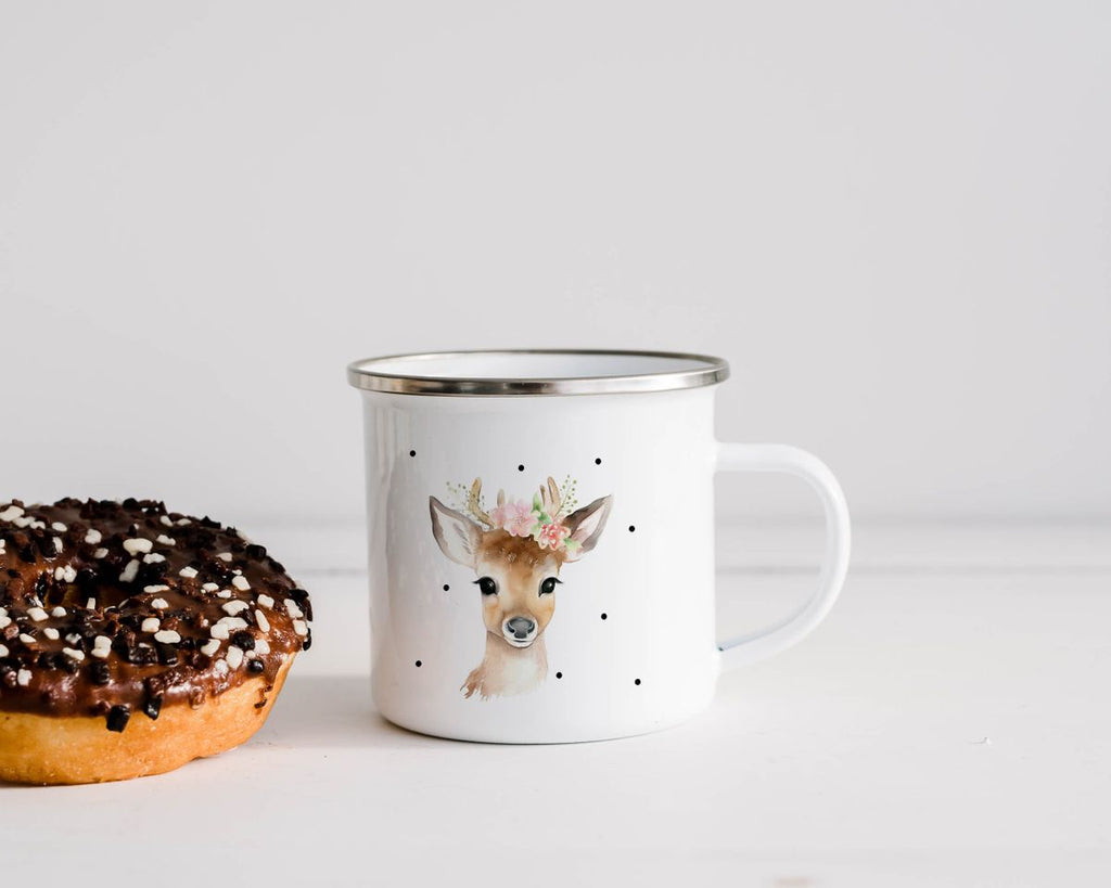 Emaille Tasse Reh mit Blumen - von Mikalino