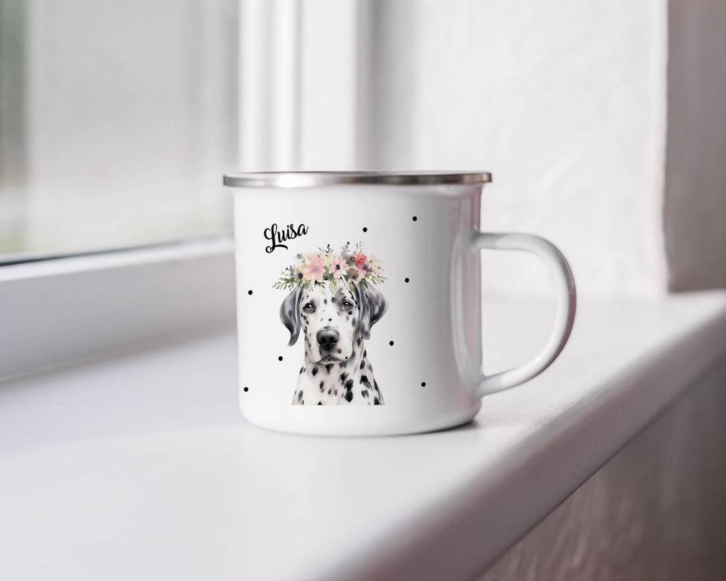 Emaille Tasse Dalmatiner mit Blumen - von Mikalino