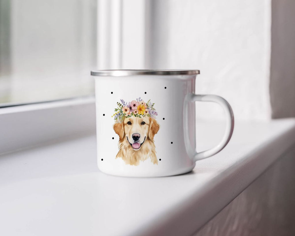 Emaille Tasse Golden Retriever mit Blumen - von Mikalino