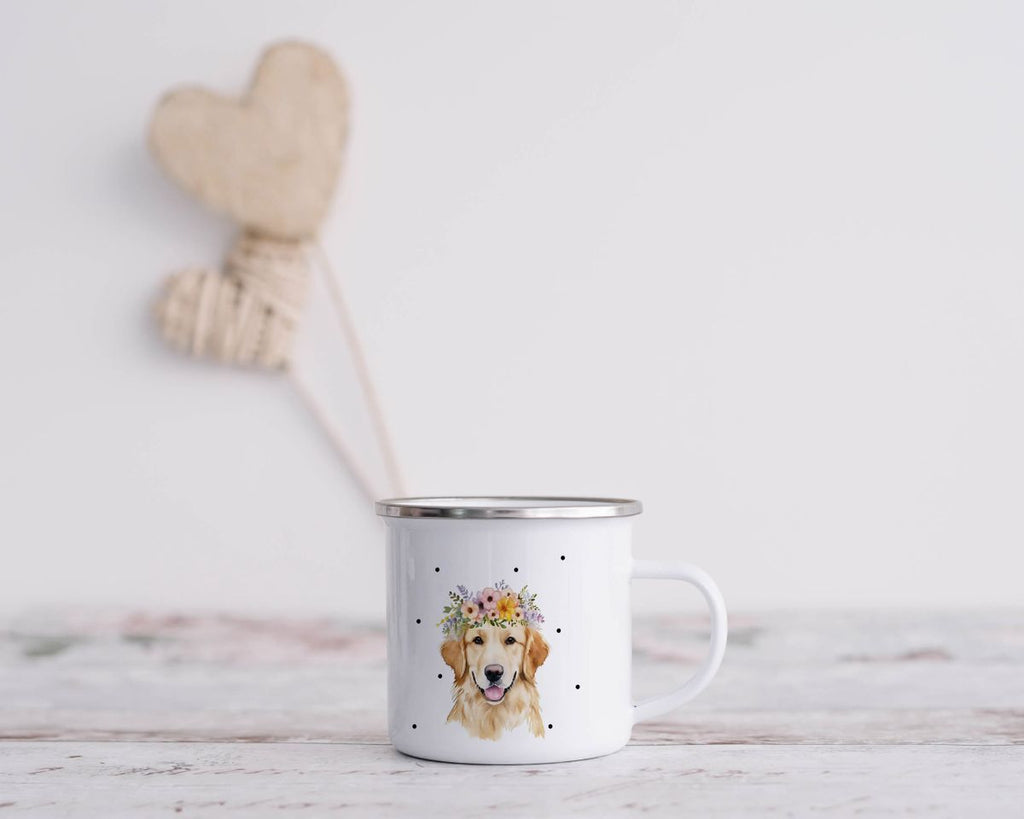 Emaille Tasse Golden Retriever mit Blumen - von Mikalino