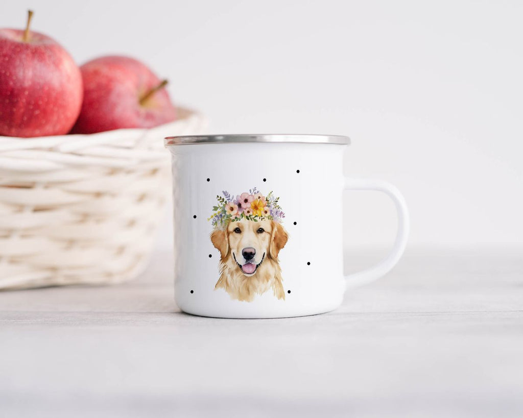 Emaille Tasse Golden Retriever mit Blumen - von Mikalino