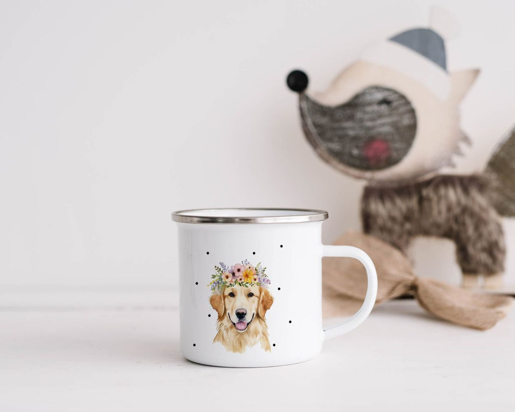 Emaille Tasse Golden Retriever mit Blumen - von Mikalino