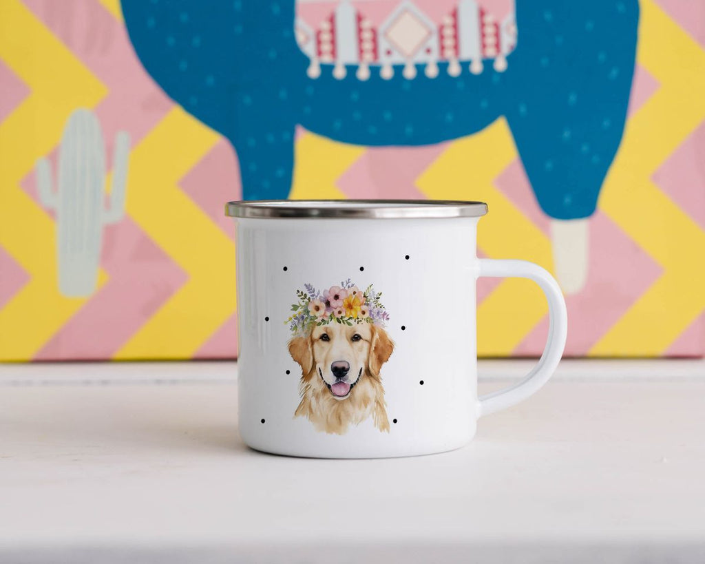 Emaille Tasse Golden Retriever mit Blumen - von Mikalino