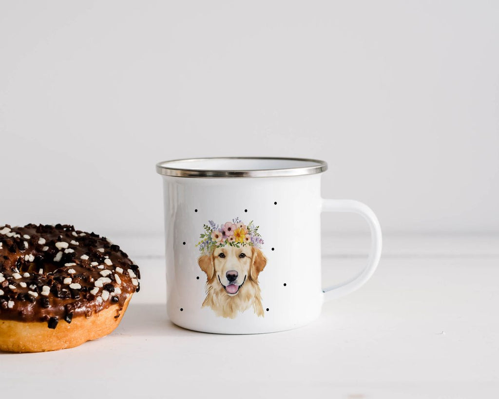 Emaille Tasse Golden Retriever mit Blumen - von Mikalino