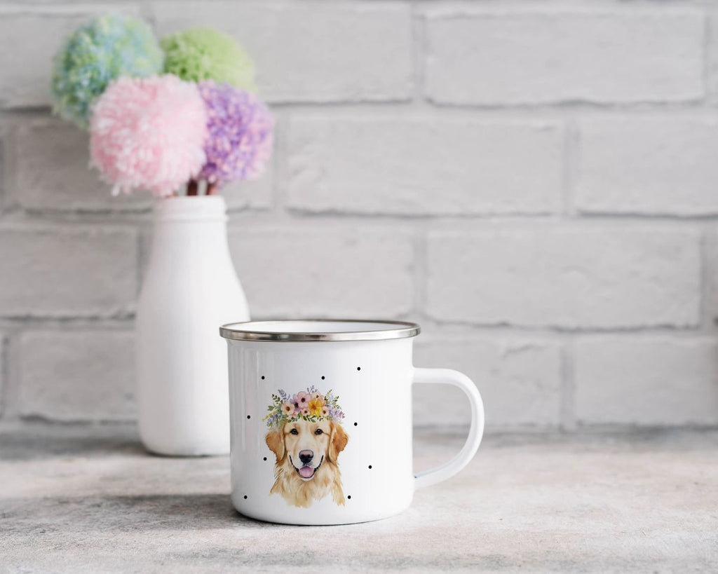 Emaille Tasse Golden Retriever mit Blumen - von Mikalino