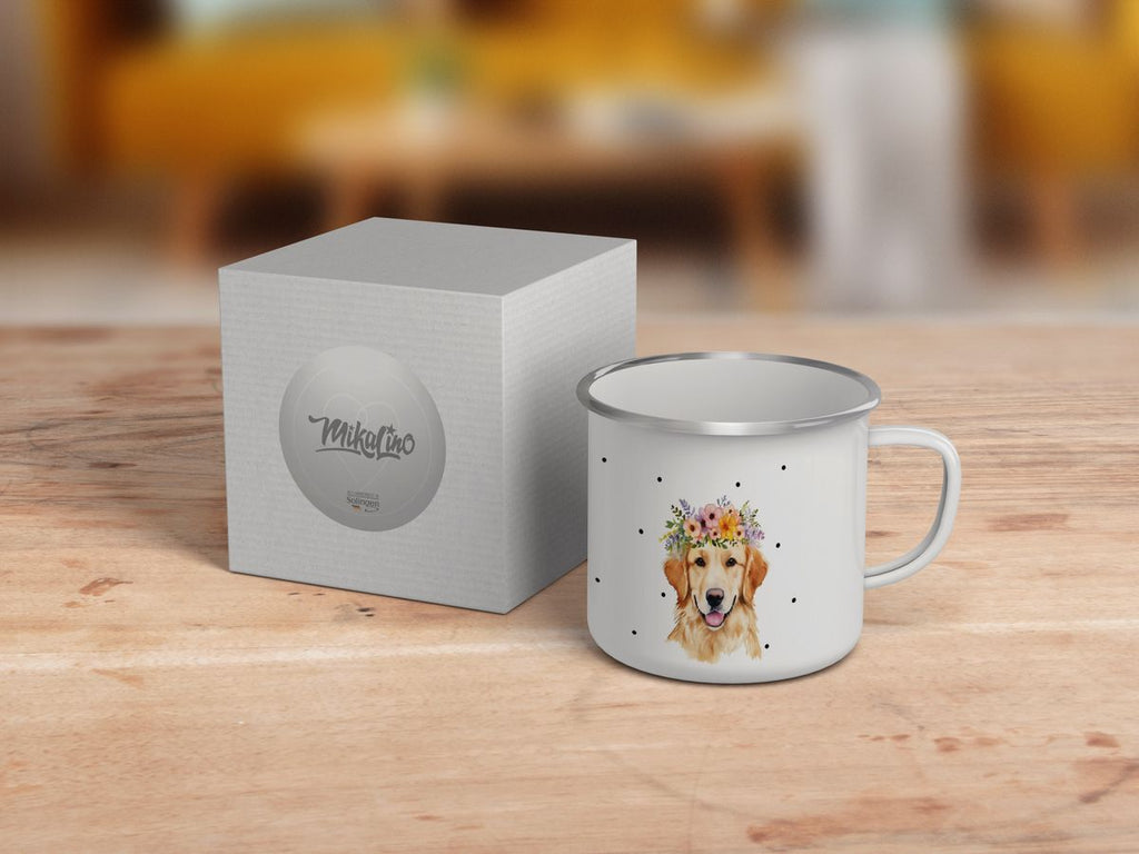 Emaille Tasse Golden Retriever mit Blumen - von Mikalino