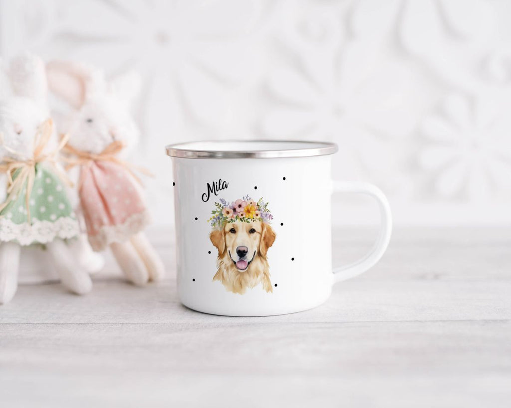 Emaille Tasse Golden Retriever mit Blumen - von Mikalino