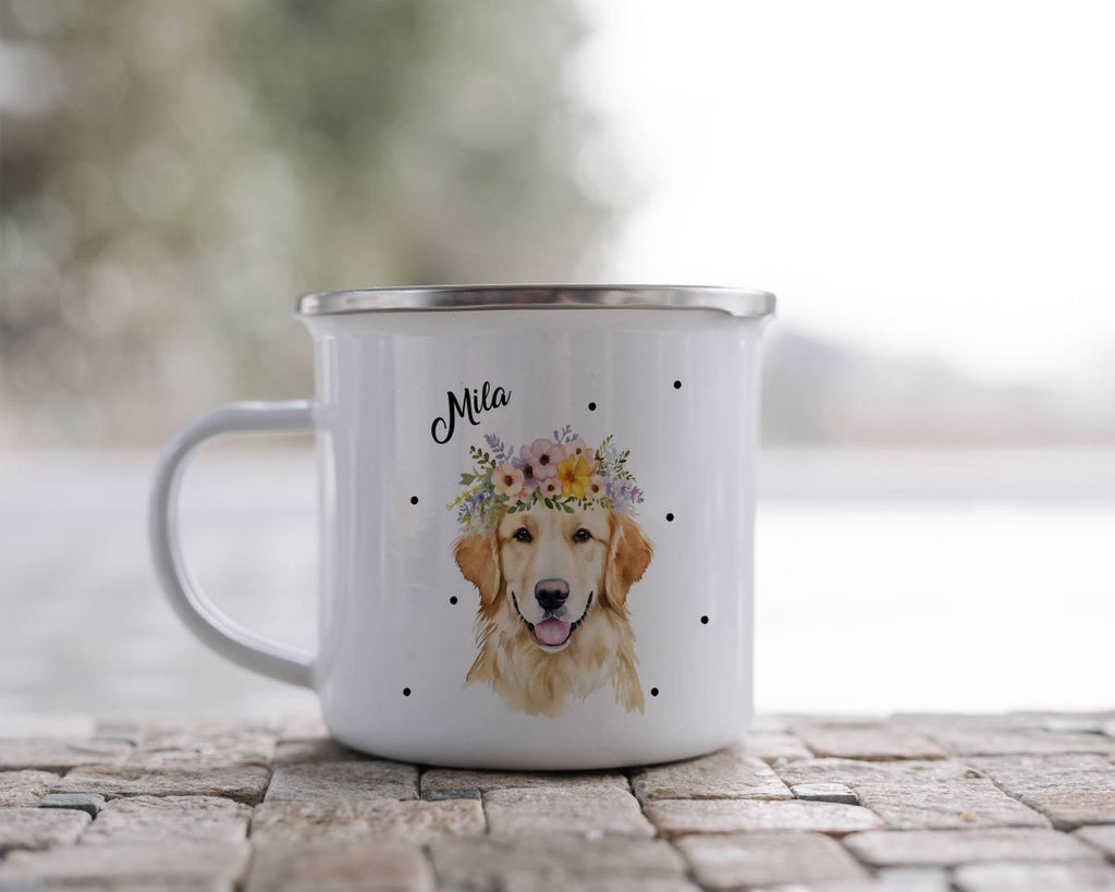 Emaille Tasse Golden Retriever mit Blumen - von Mikalino