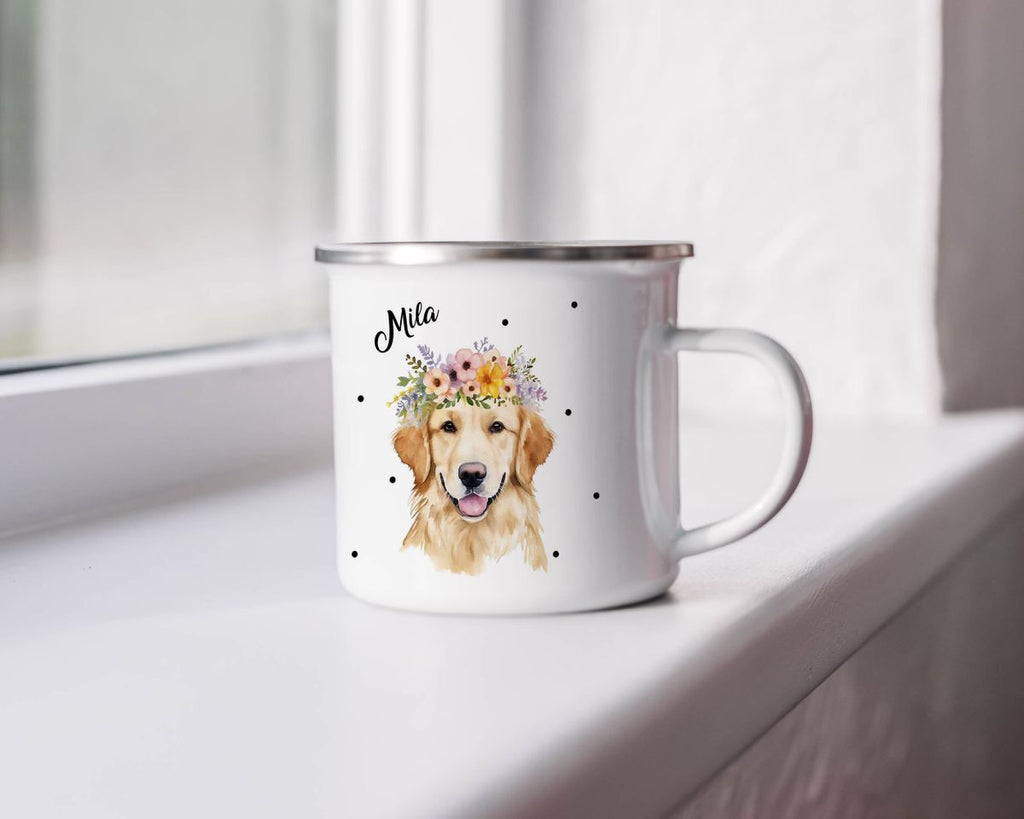 Emaille Tasse Golden Retriever mit Blumen - von Mikalino