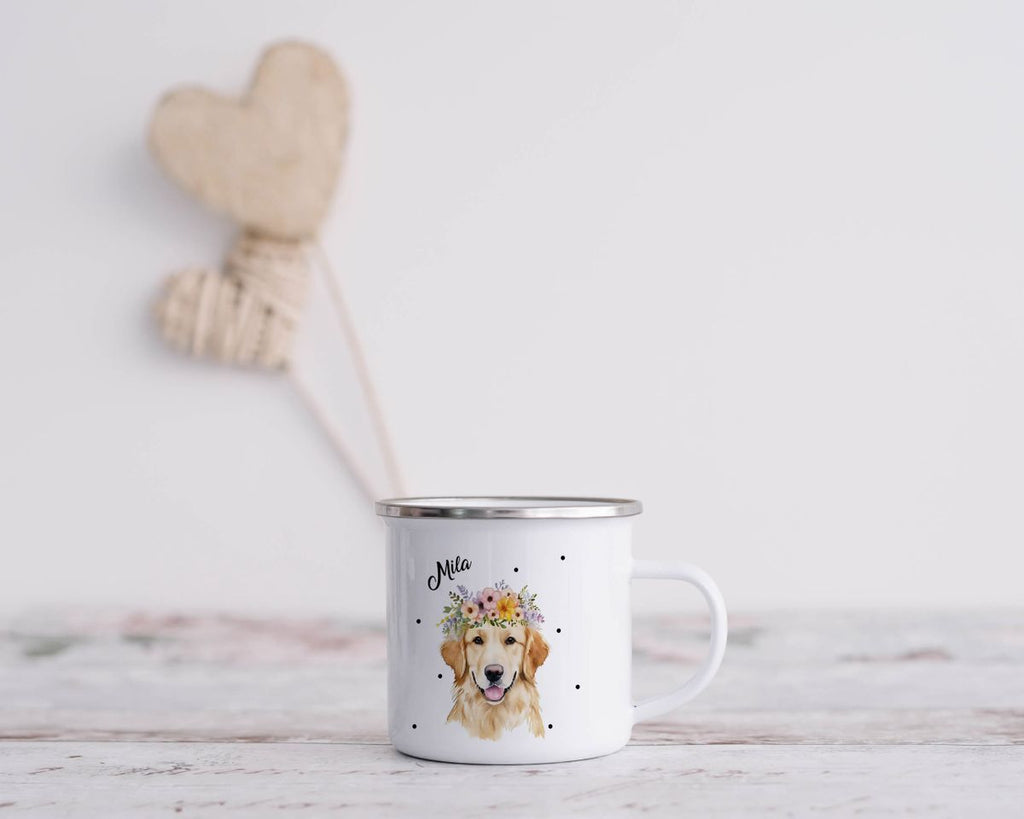 Emaille Tasse Golden Retriever mit Blumen - von Mikalino