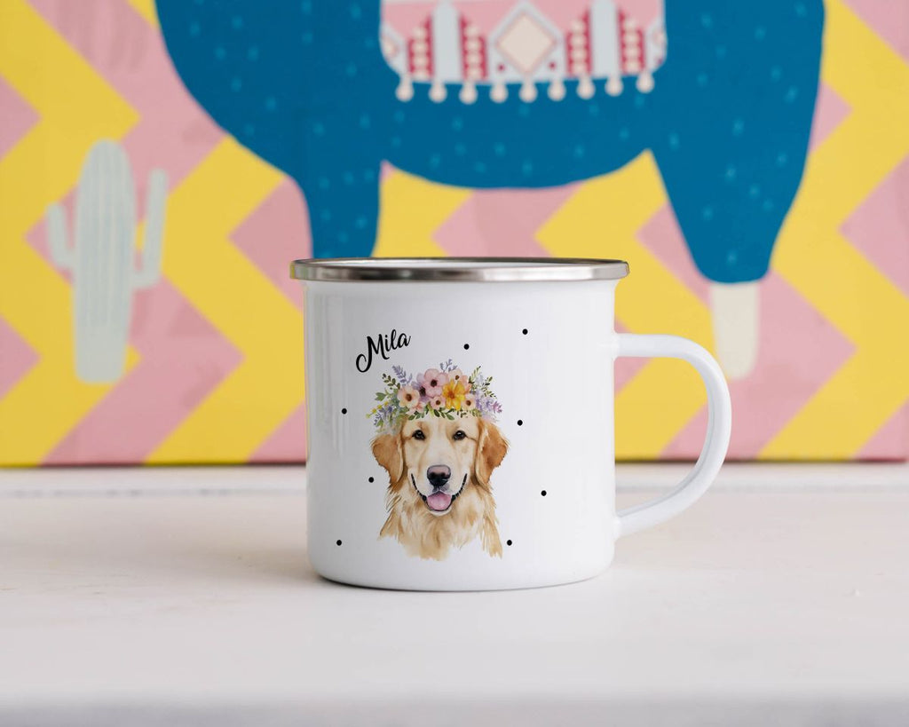 Emaille Tasse Golden Retriever mit Blumen - von Mikalino