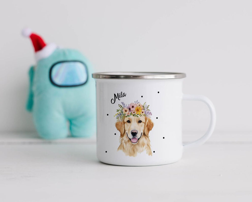 Emaille Tasse Golden Retriever mit Blumen - von Mikalino