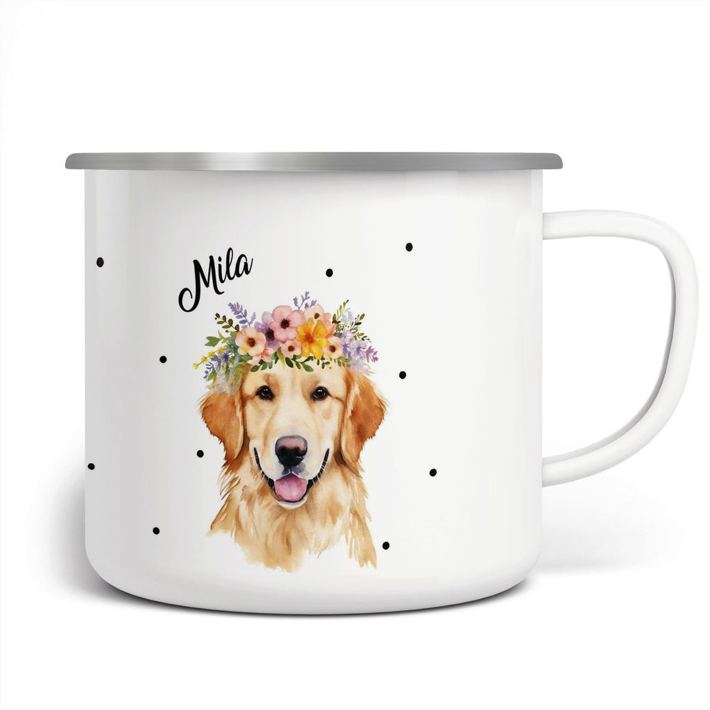 Emaille Tasse Golden Retriever mit Blumen - von Mikalino