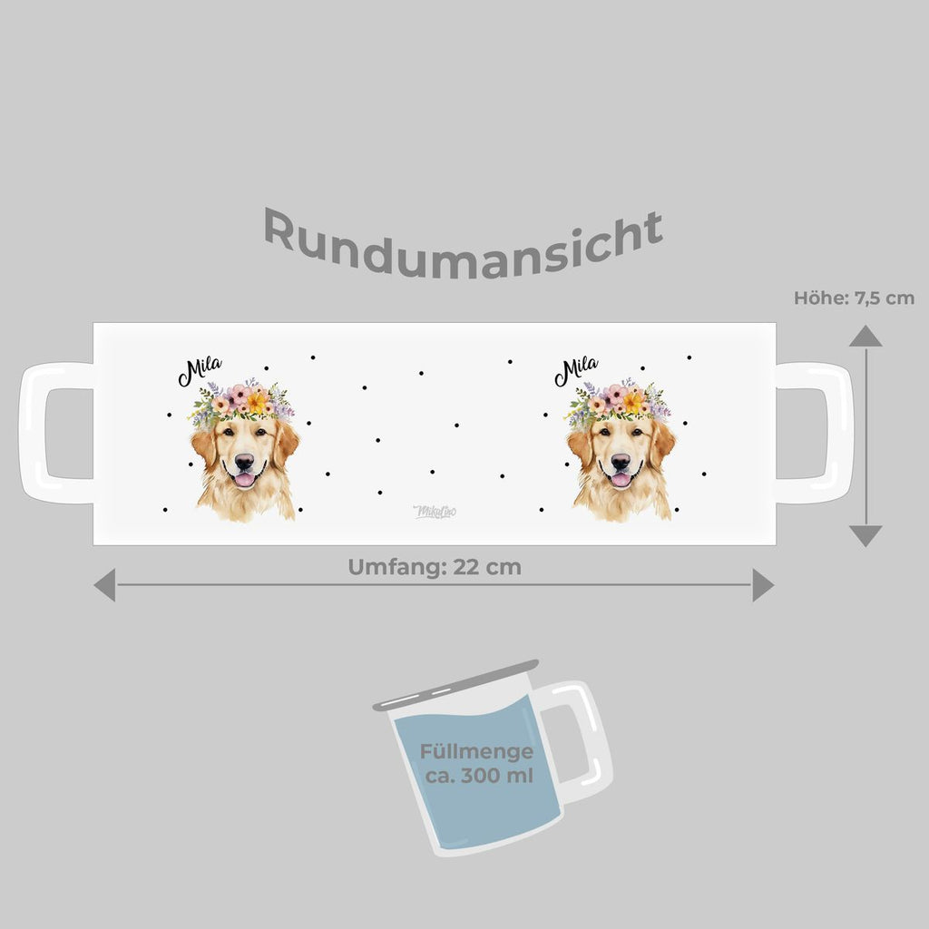 Emaille Tasse Golden Retriever mit Blumen - von Mikalino