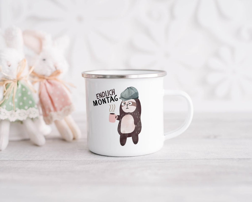 Emaille Tasse Endlich Montag Faultier mit Kaffee - von Mikalino