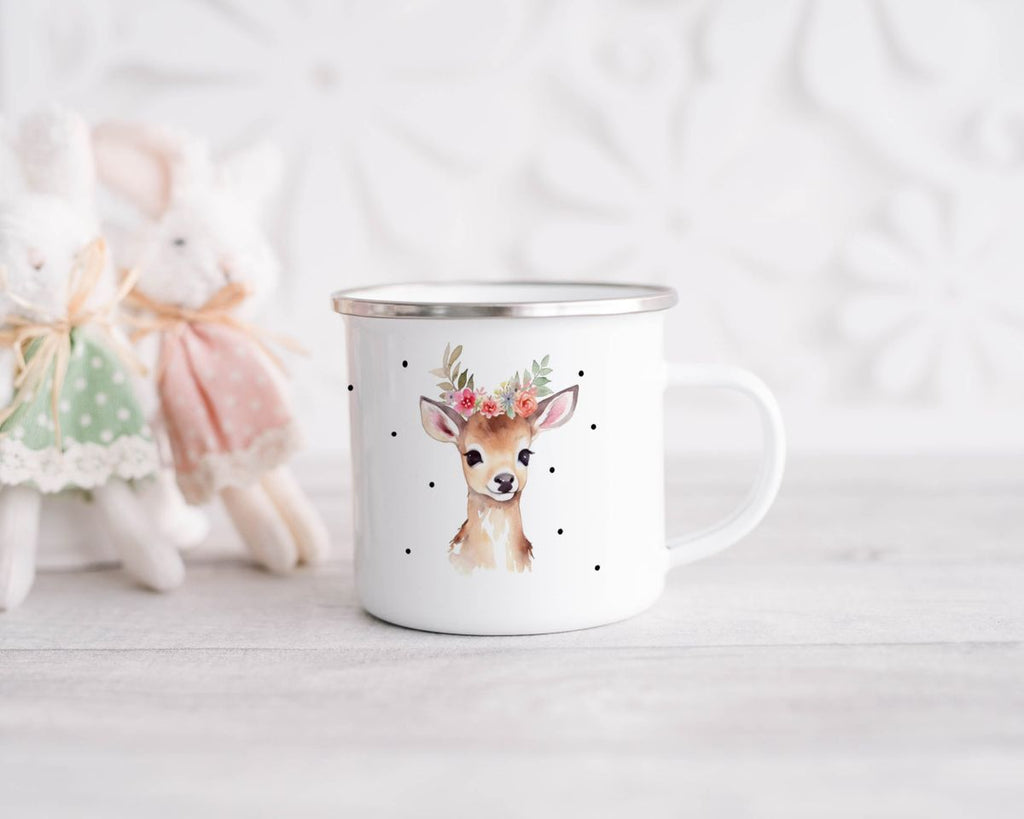 Emaille Tasse Rehkitz mit Blumen - von Mikalino