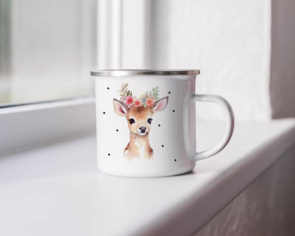 Emaille Tasse Rehkitz mit Blumen - von Mikalino