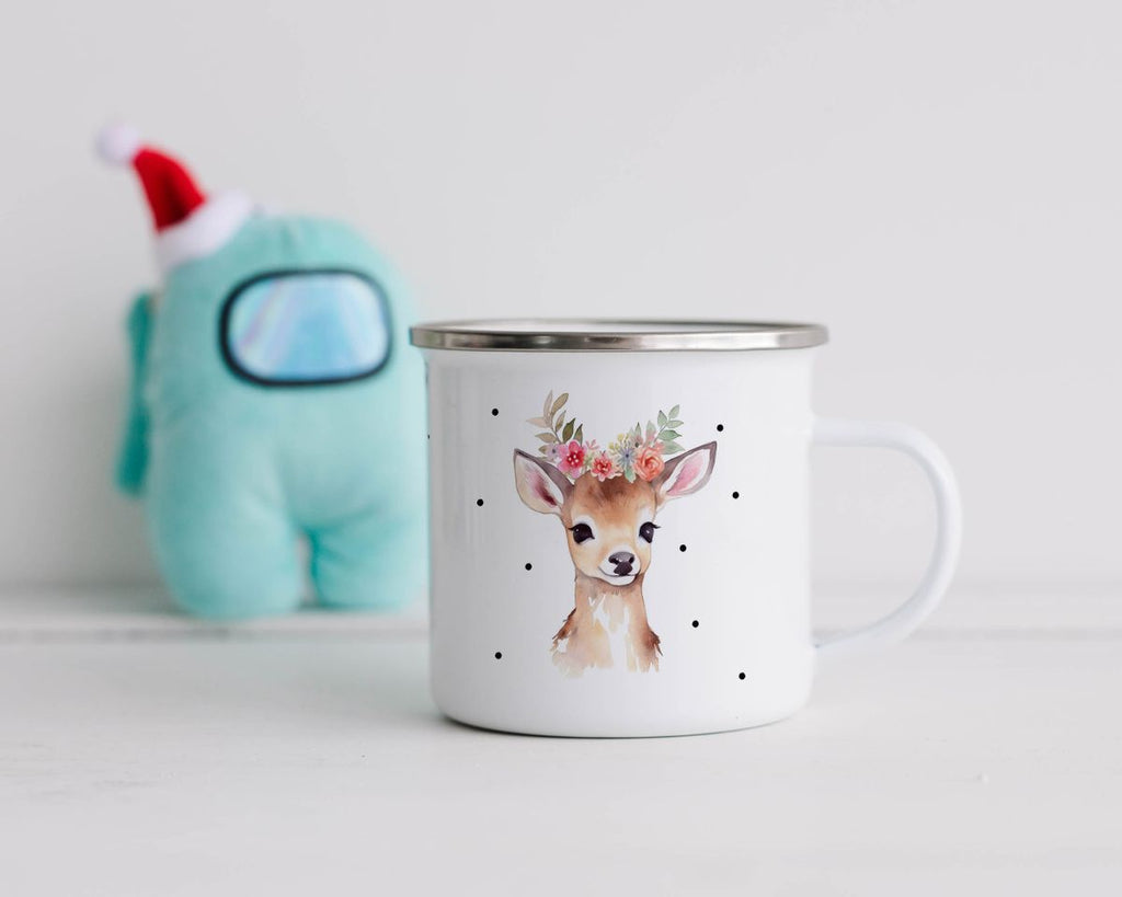 Emaille Tasse Rehkitz mit Blumen - von Mikalino