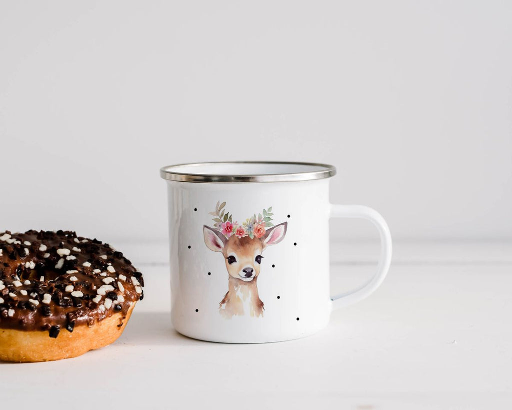 Emaille Tasse Rehkitz mit Blumen - von Mikalino