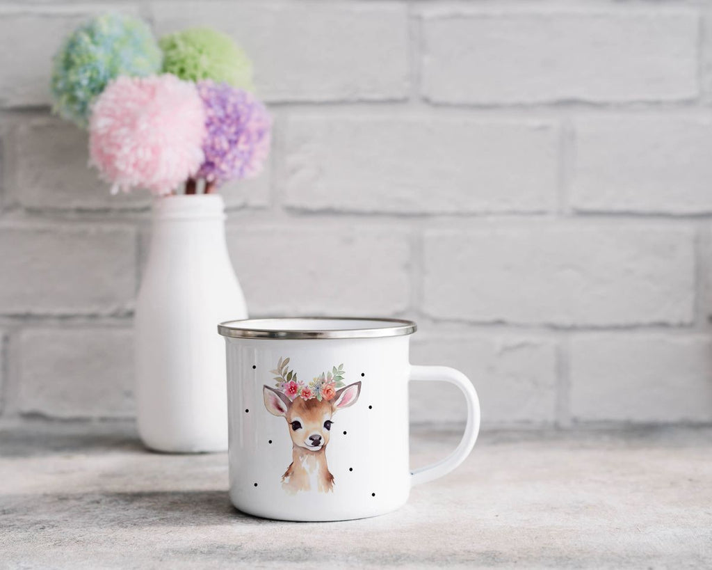 Emaille Tasse Rehkitz mit Blumen - von Mikalino