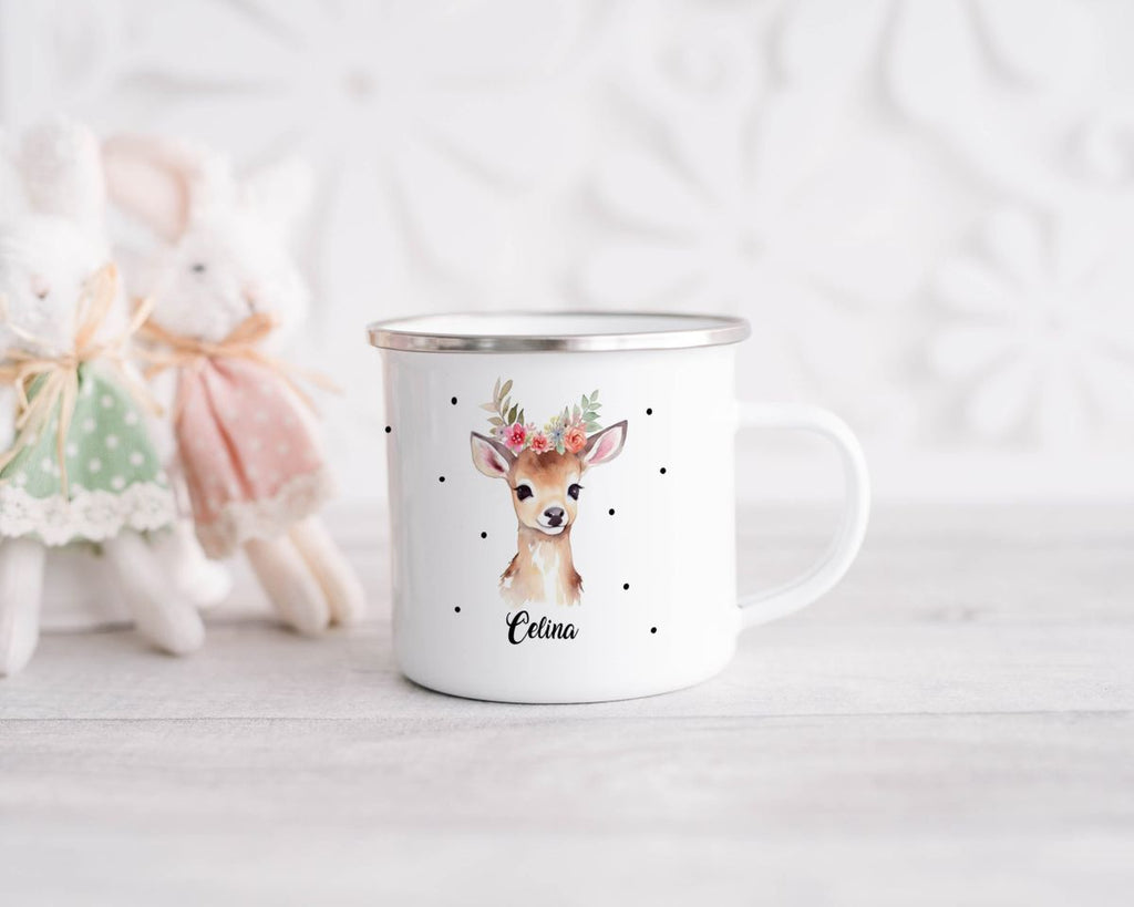 Emaille Tasse Rehkitz mit Blumen - von Mikalino