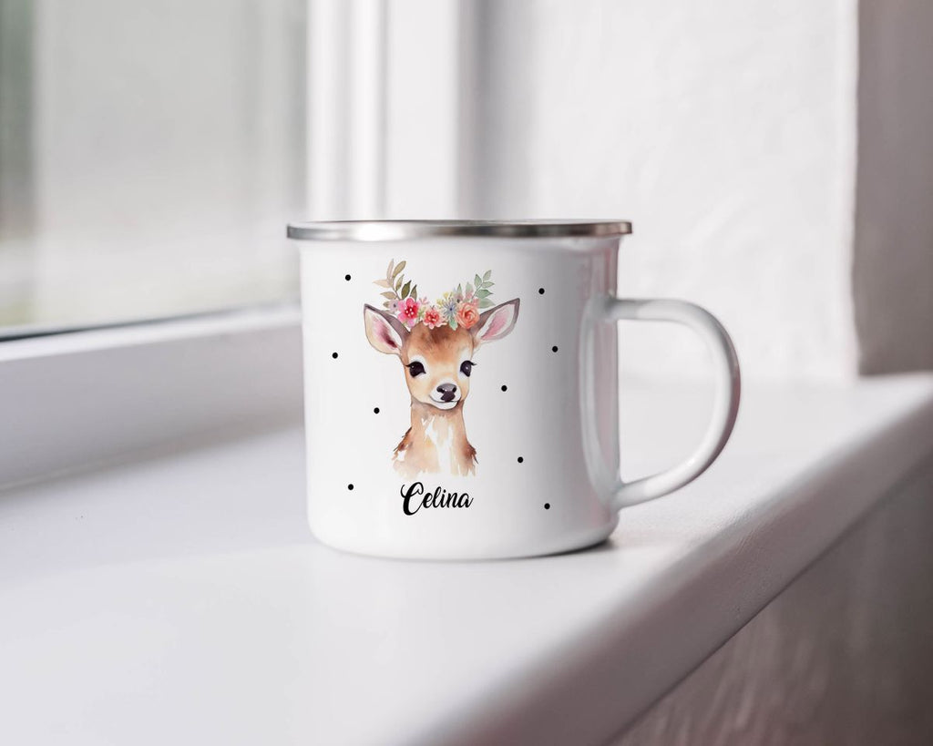 Emaille Tasse Rehkitz mit Blumen - von Mikalino