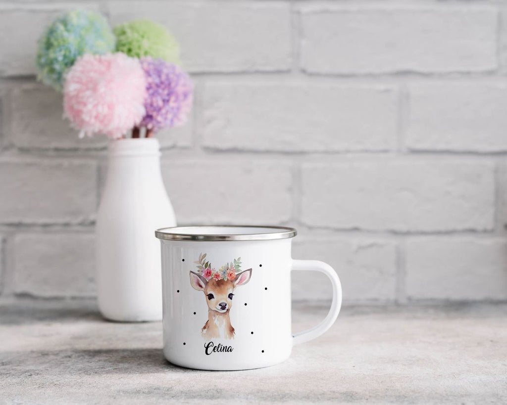 Emaille Tasse Rehkitz mit Blumen - von Mikalino