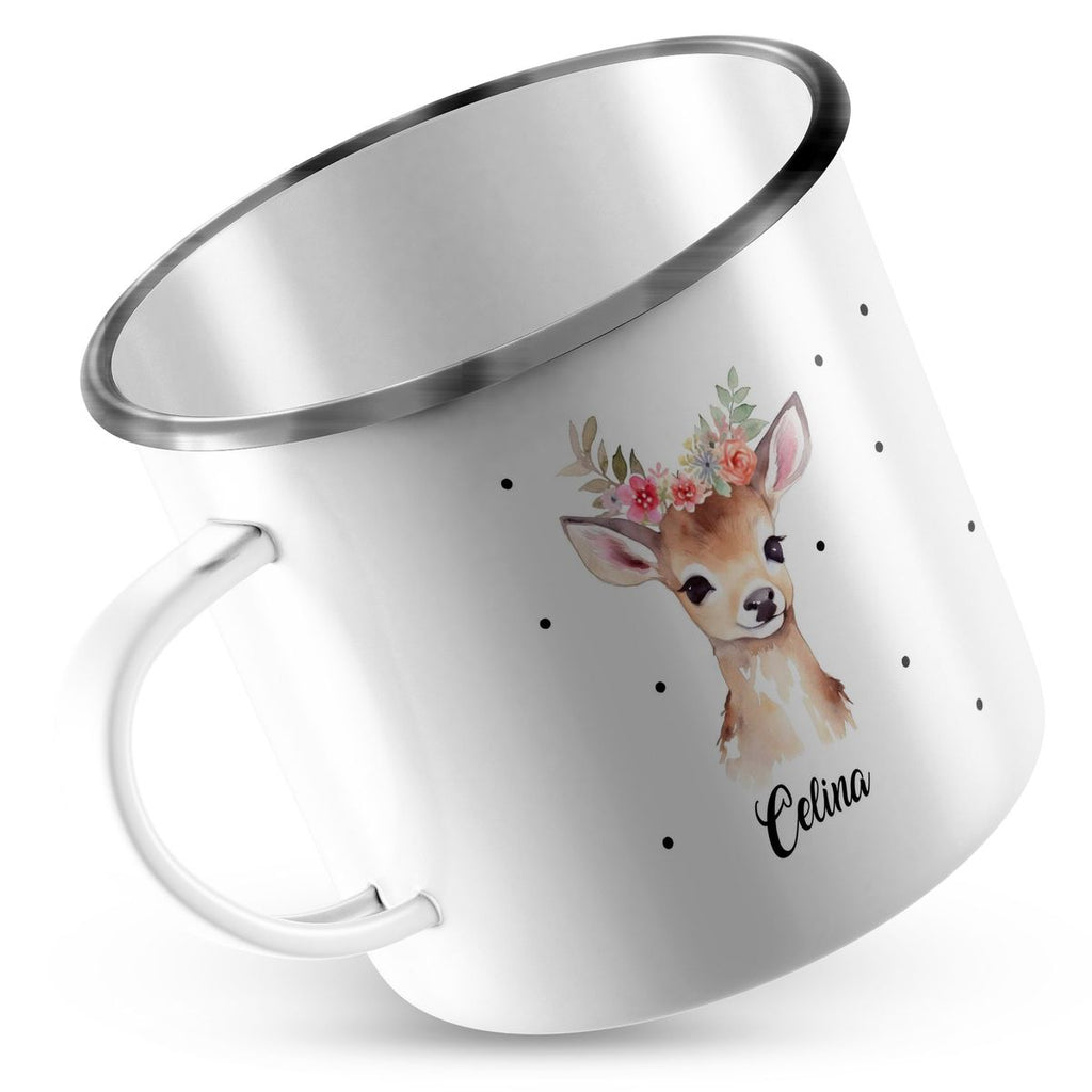 Emaille Tasse Rehkitz mit Blumen - von Mikalino