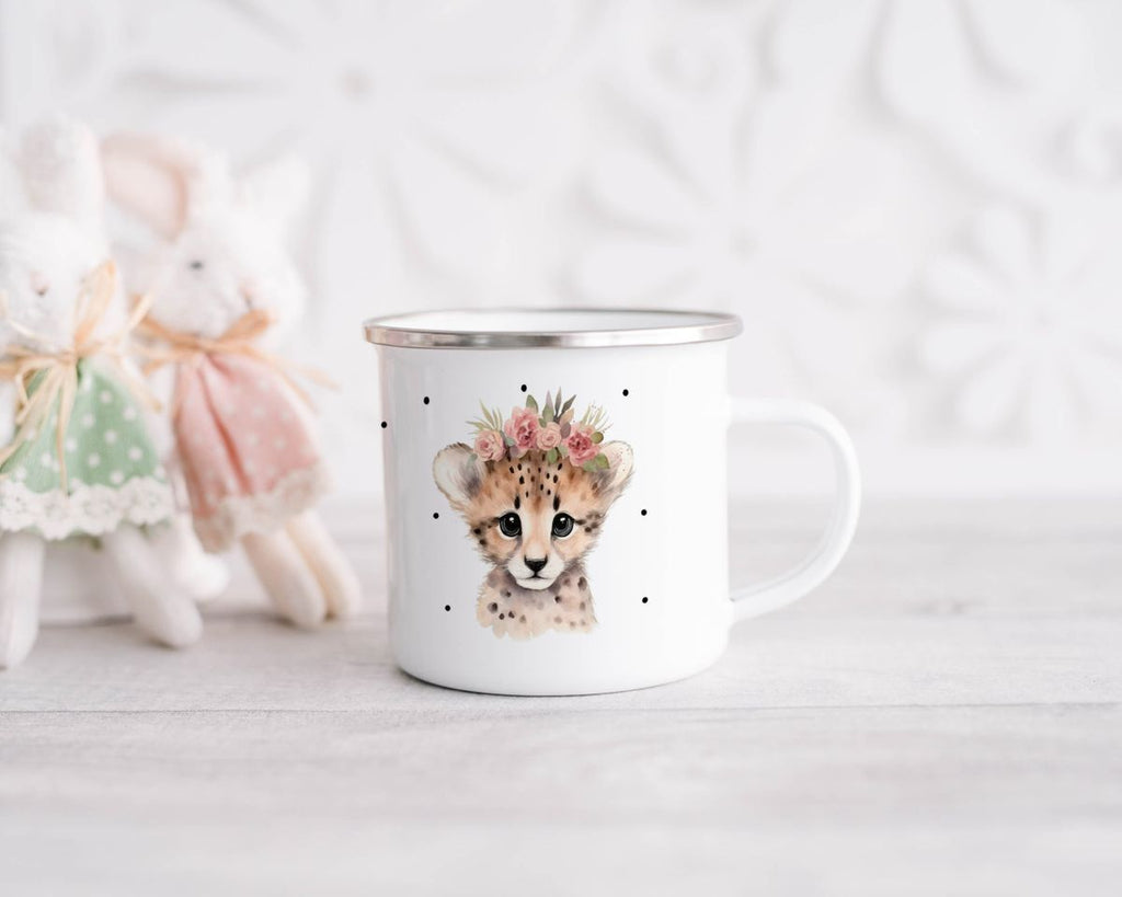 Emaille Tasse Leopard mit Blumen - von Mikalino