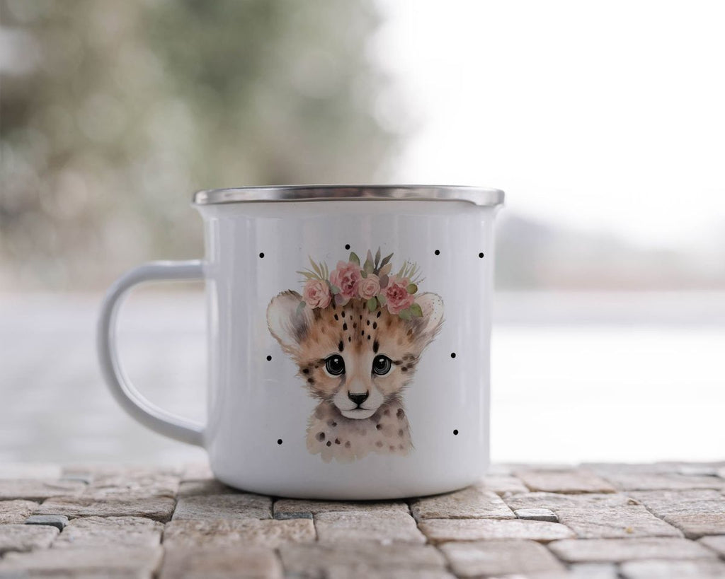 Emaille Tasse Leopard mit Blumen - von Mikalino