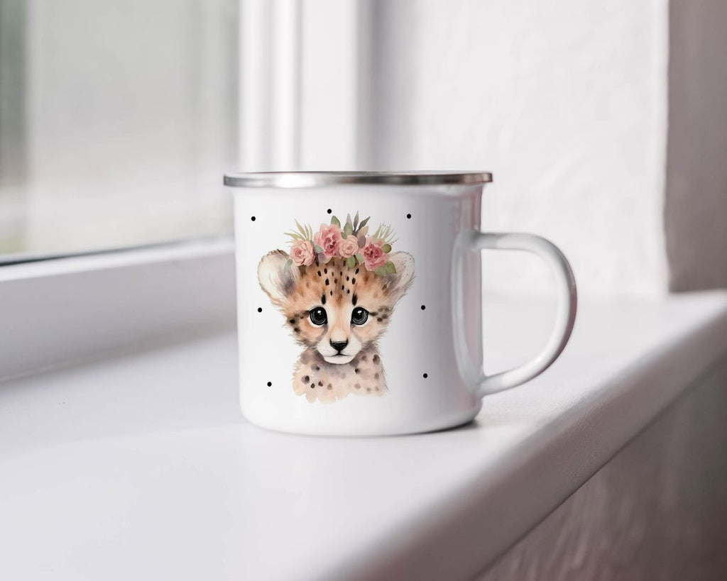 Emaille Tasse Leopard mit Blumen - von Mikalino