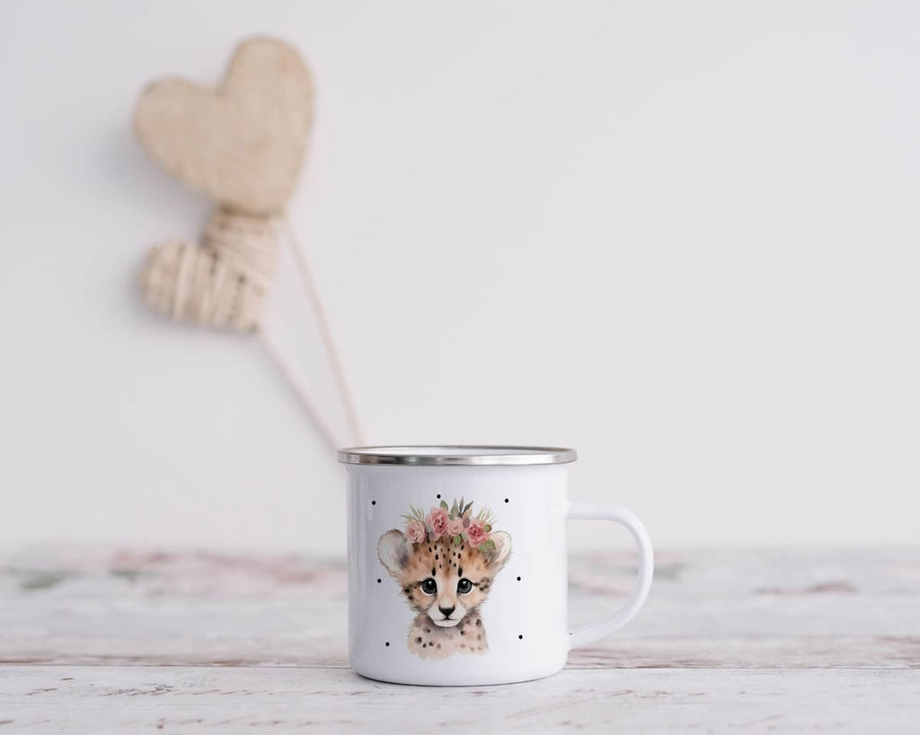 Emaille Tasse Leopard mit Blumen - von Mikalino