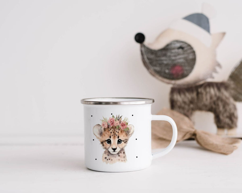 Emaille Tasse Leopard mit Blumen - von Mikalino