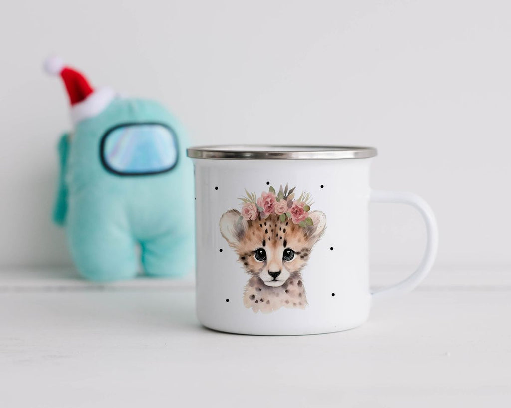 Emaille Tasse Leopard mit Blumen - von Mikalino