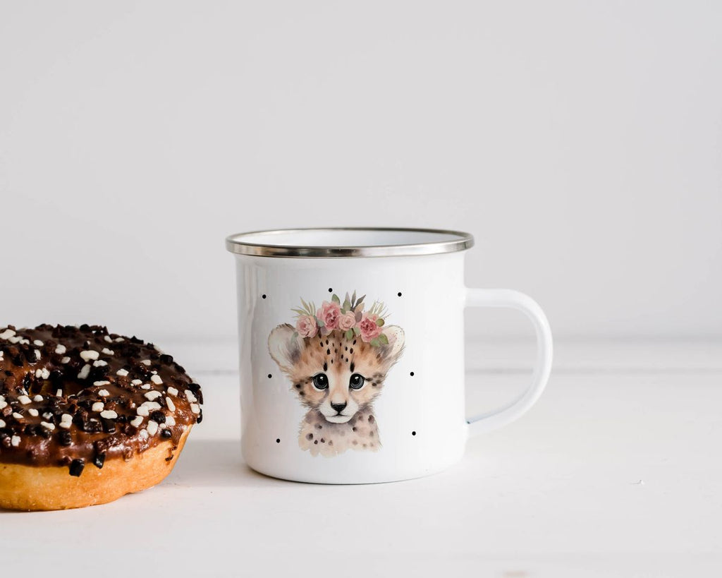 Emaille Tasse Leopard mit Blumen - von Mikalino