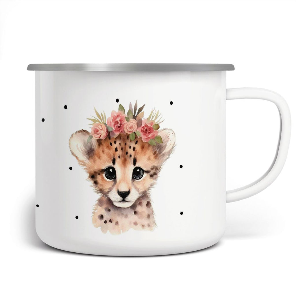 Emaille Tasse Leopard mit Blumen - von Mikalino