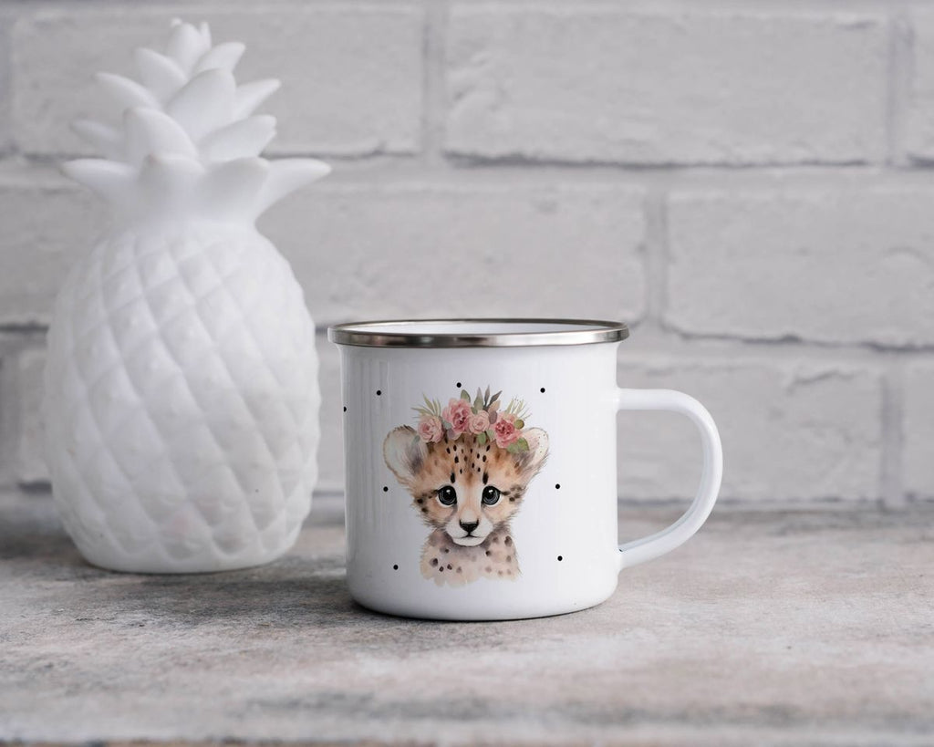 Emaille Tasse Leopard mit Blumen - von Mikalino