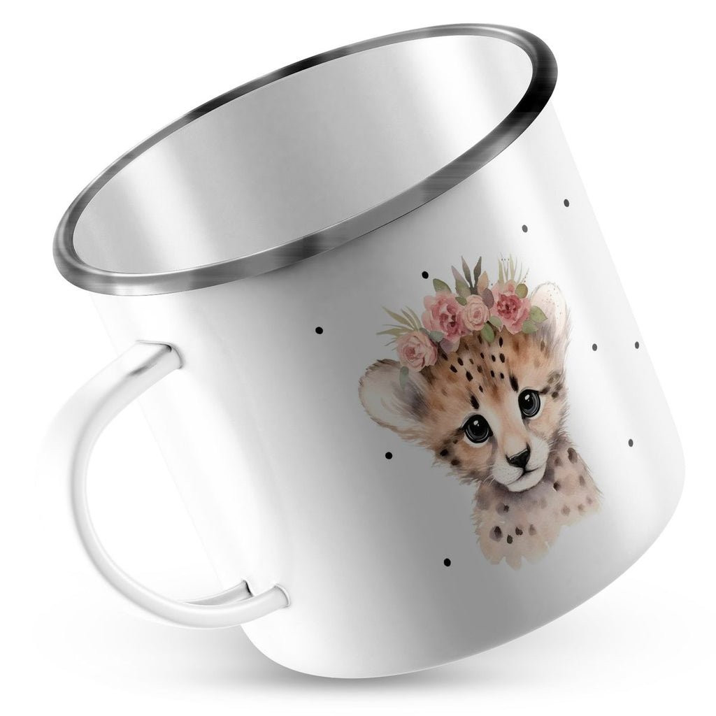 Emaille Tasse Leopard mit Blumen - von Mikalino