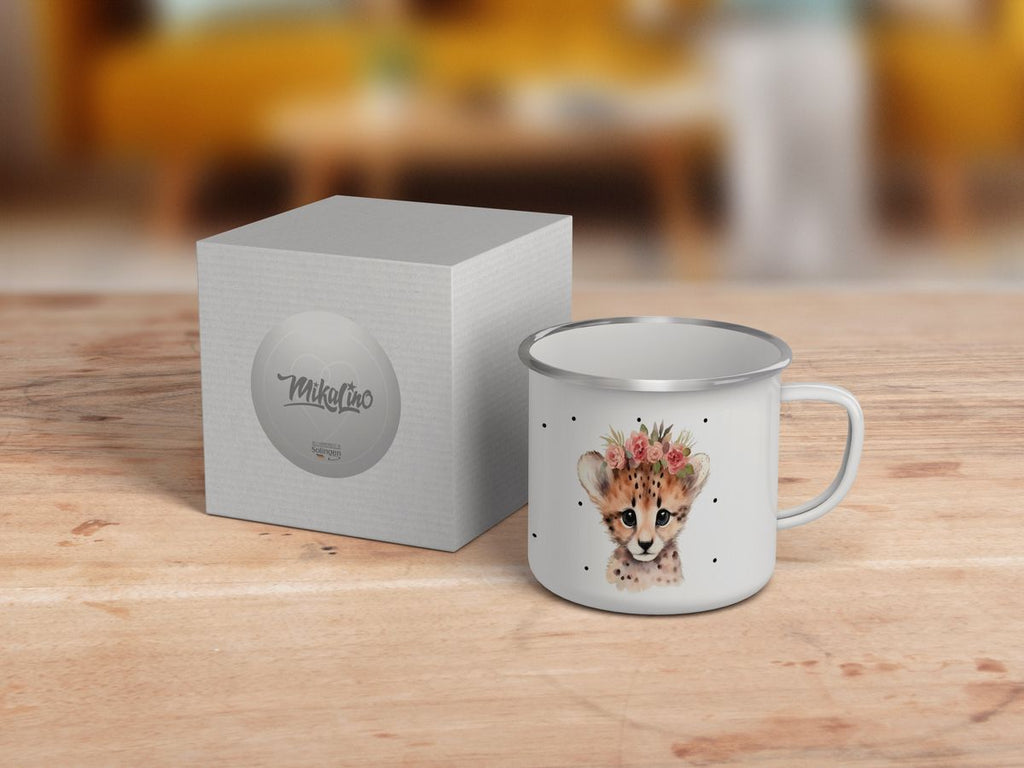 Emaille Tasse Leopard mit Blumen - von Mikalino