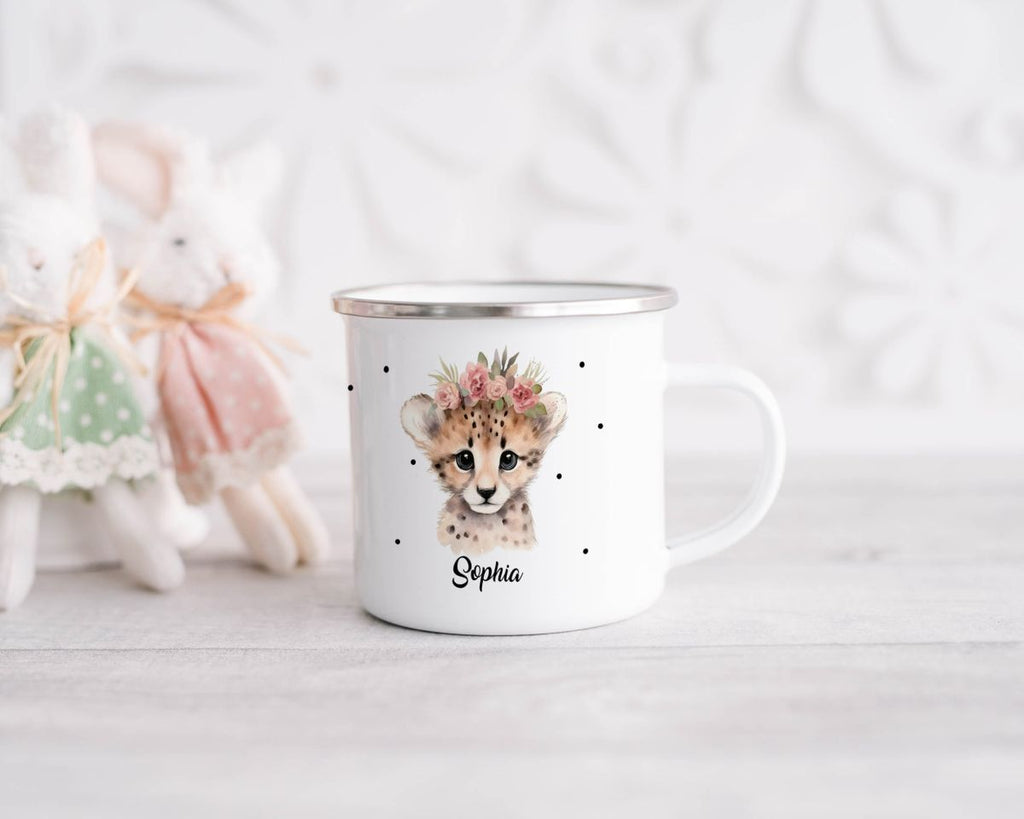 Emaille Tasse Leopard mit Blumen - von Mikalino