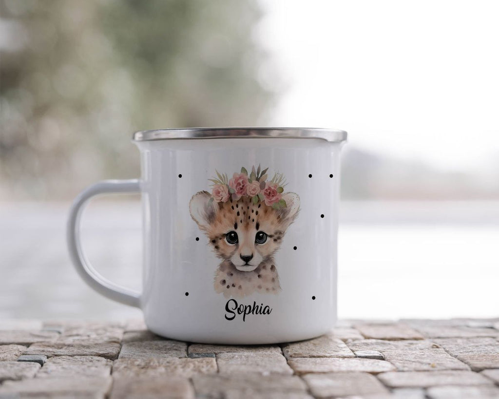 Emaille Tasse Leopard mit Blumen - von Mikalino