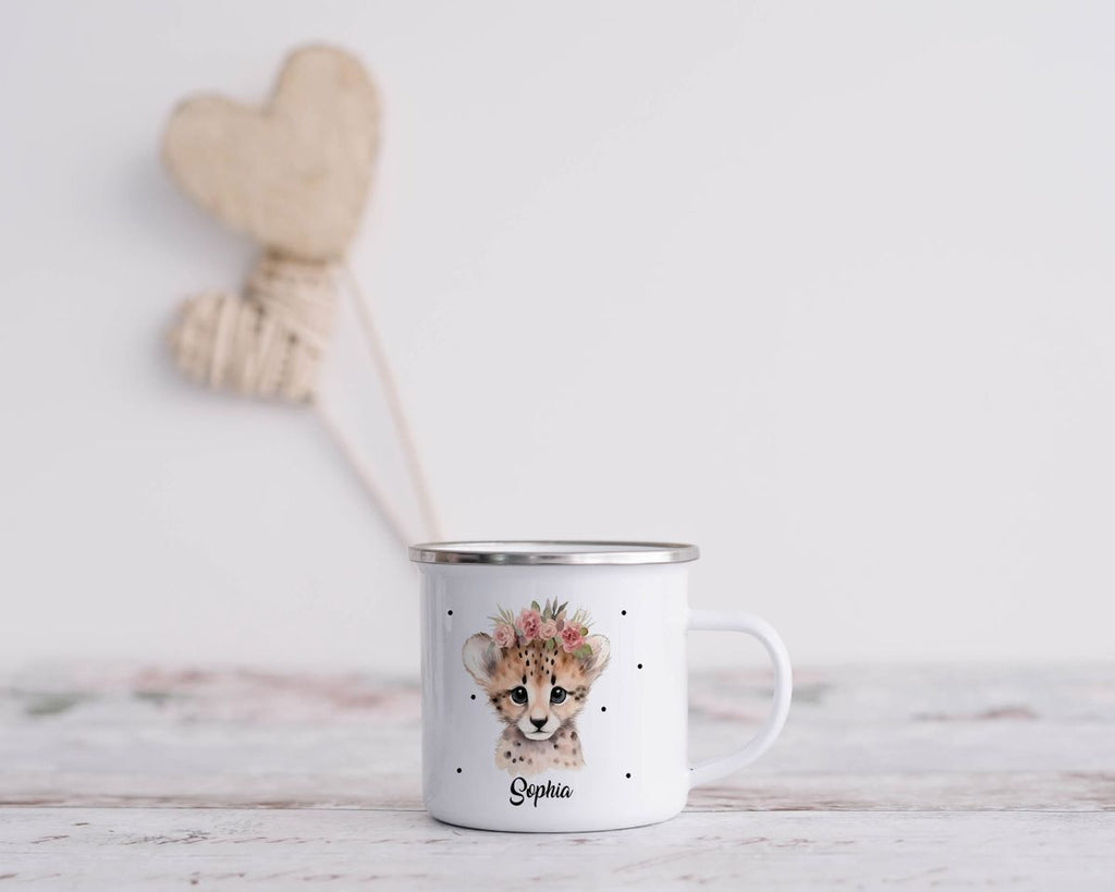 Emaille Tasse Leopard mit Blumen - von Mikalino