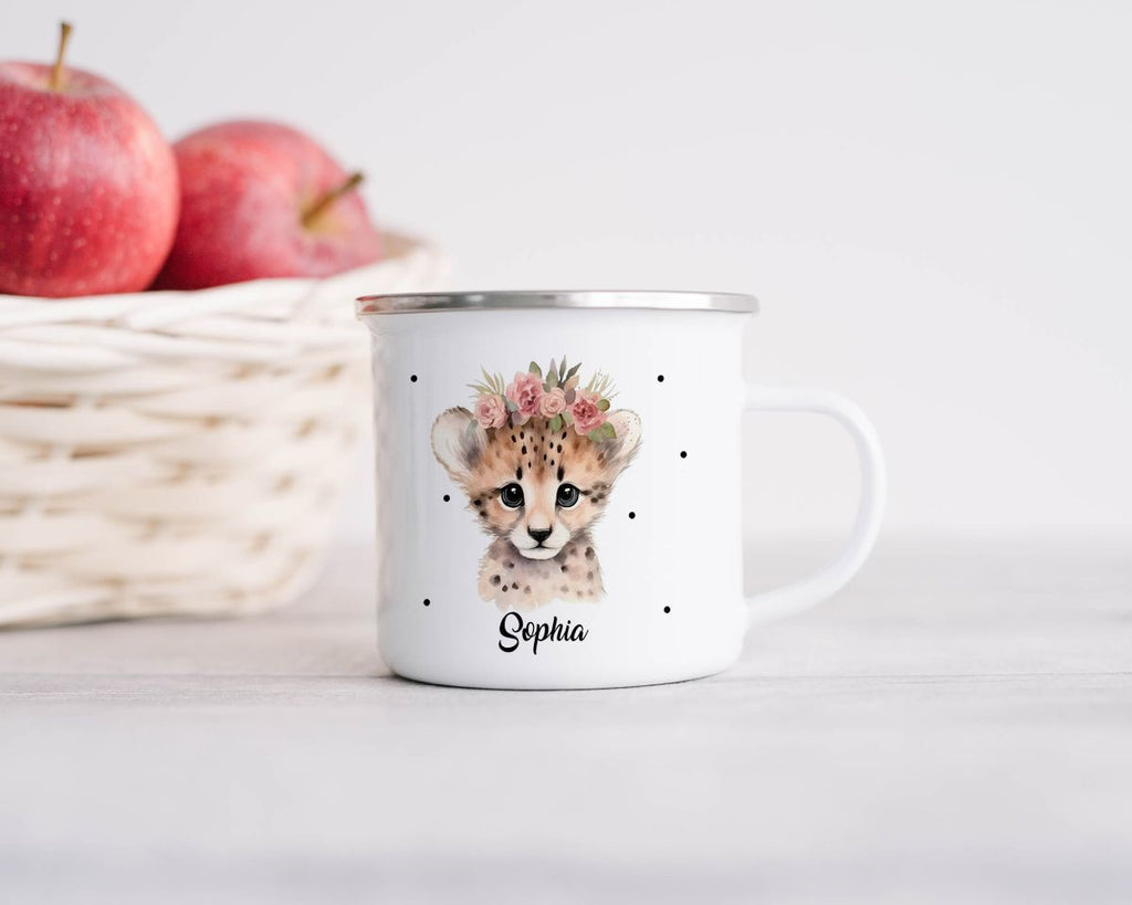 Emaille Tasse Leopard mit Blumen - von Mikalino