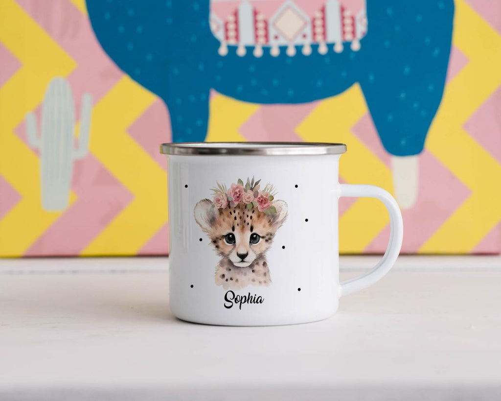 Emaille Tasse Leopard mit Blumen - von Mikalino