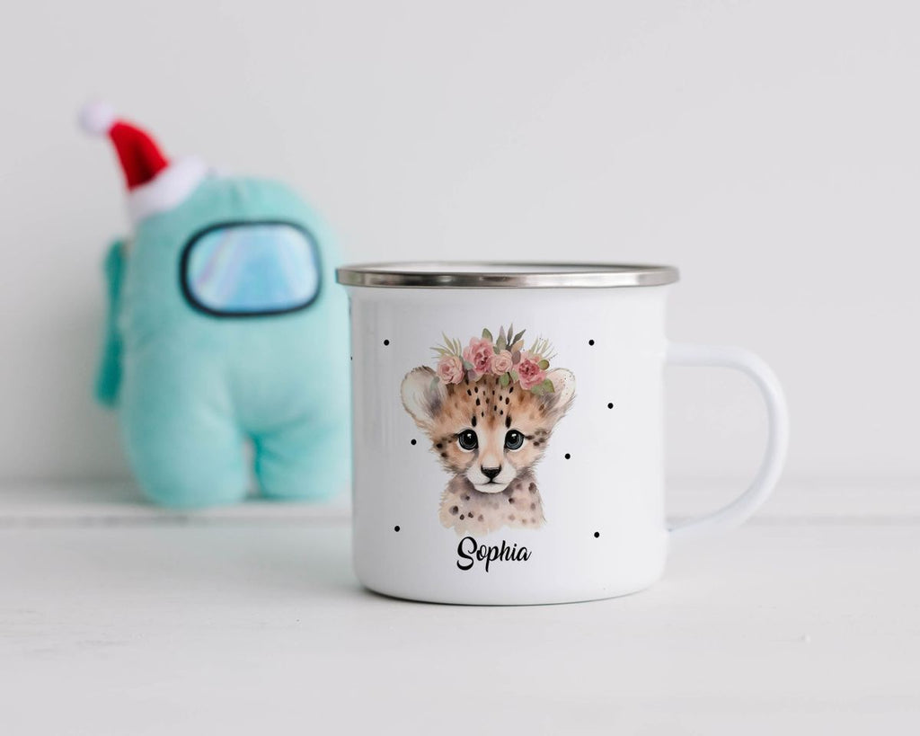 Emaille Tasse Leopard mit Blumen - von Mikalino