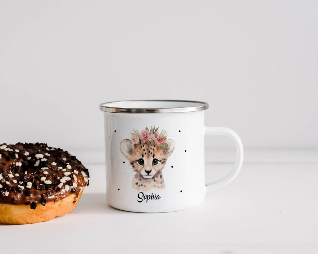 Emaille Tasse Leopard mit Blumen - von Mikalino