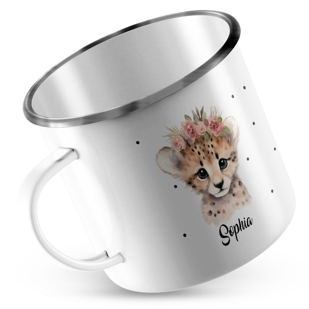 Emaille Tasse Leopard mit Blumen - von Mikalino