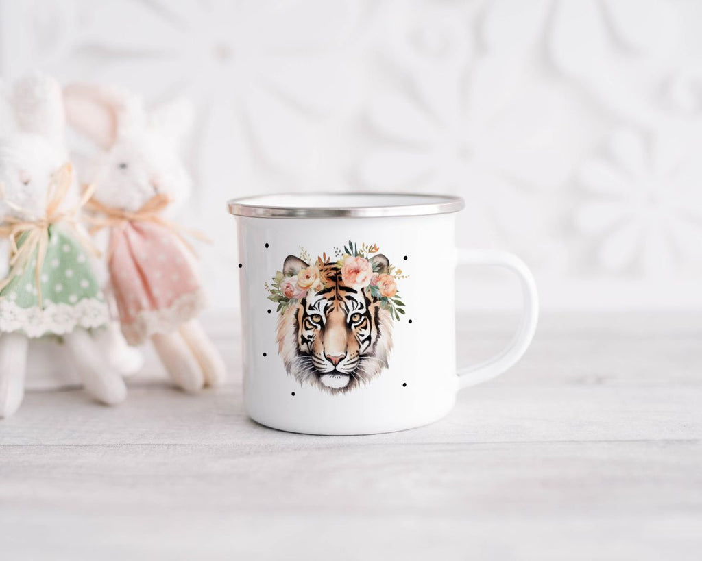 Emaille Tasse Tiger mit Blumen - von Mikalino