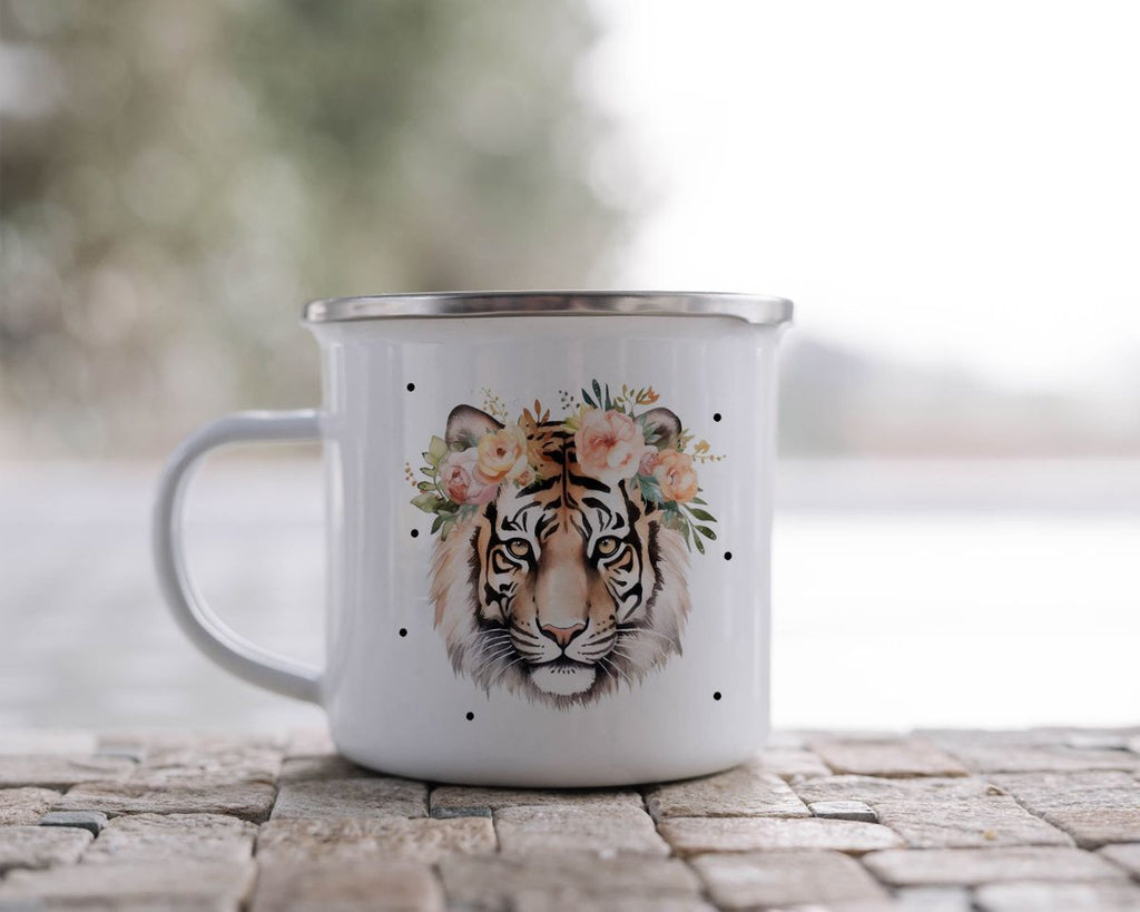 Emaille Tasse Tiger mit Blumen - von Mikalino