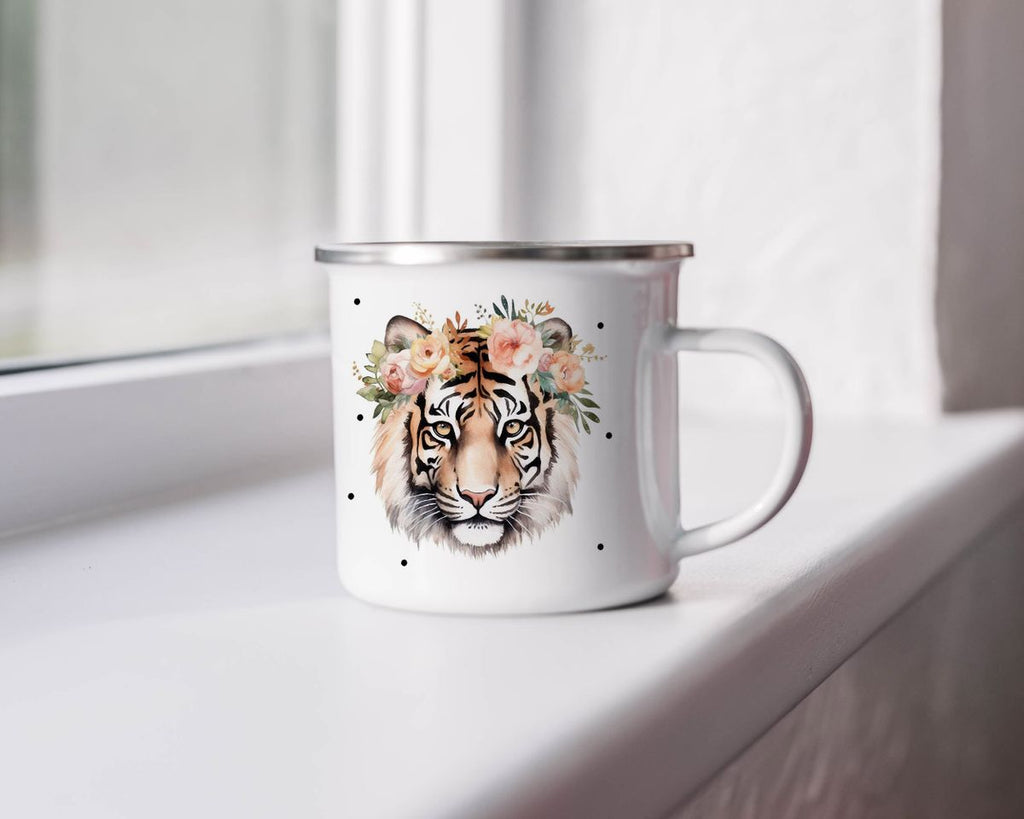 Emaille Tasse Tiger mit Blumen - von Mikalino